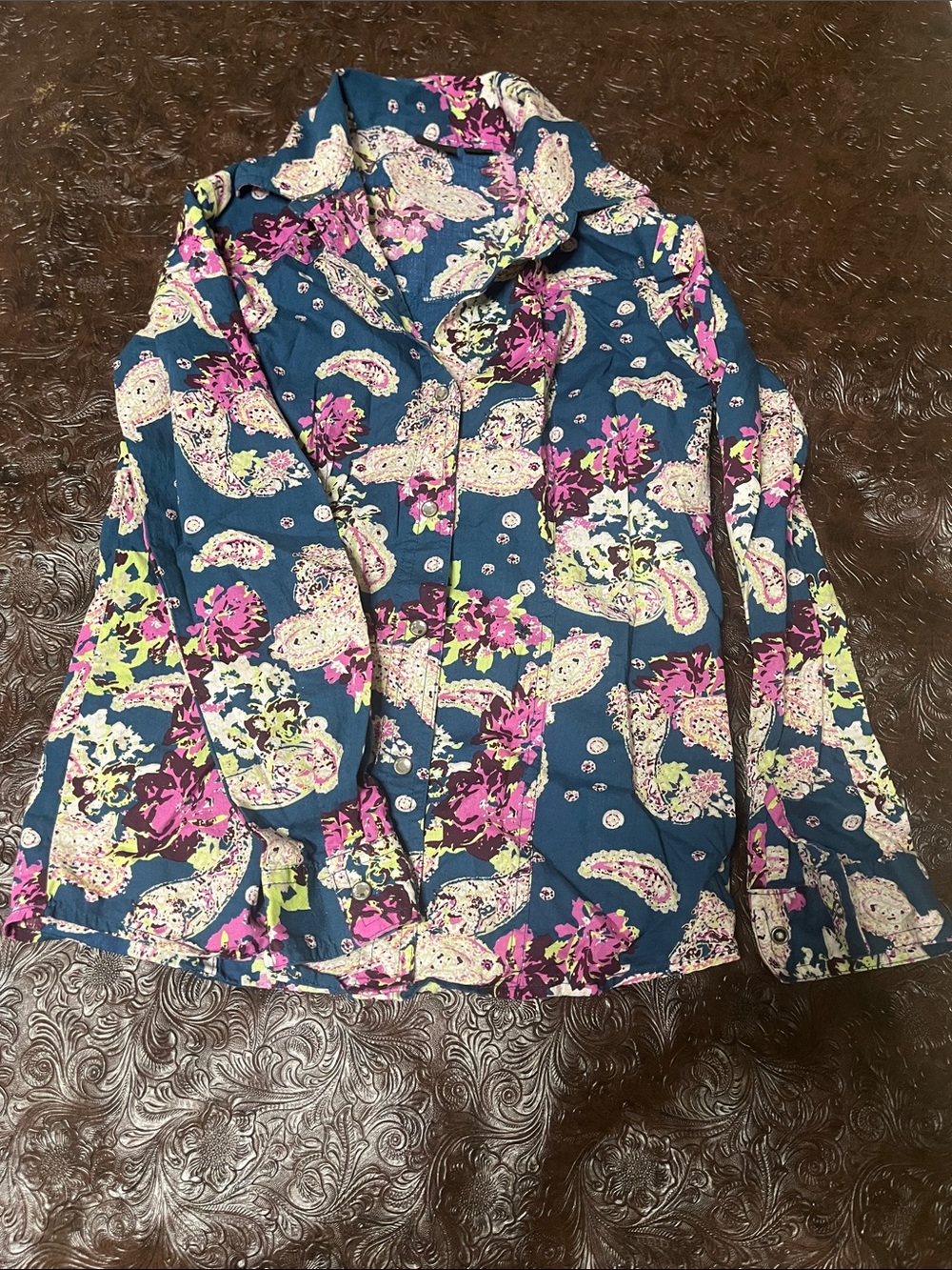 Cruel Girl Teal Button-Down Shirt with Pink Floral Paisley Print